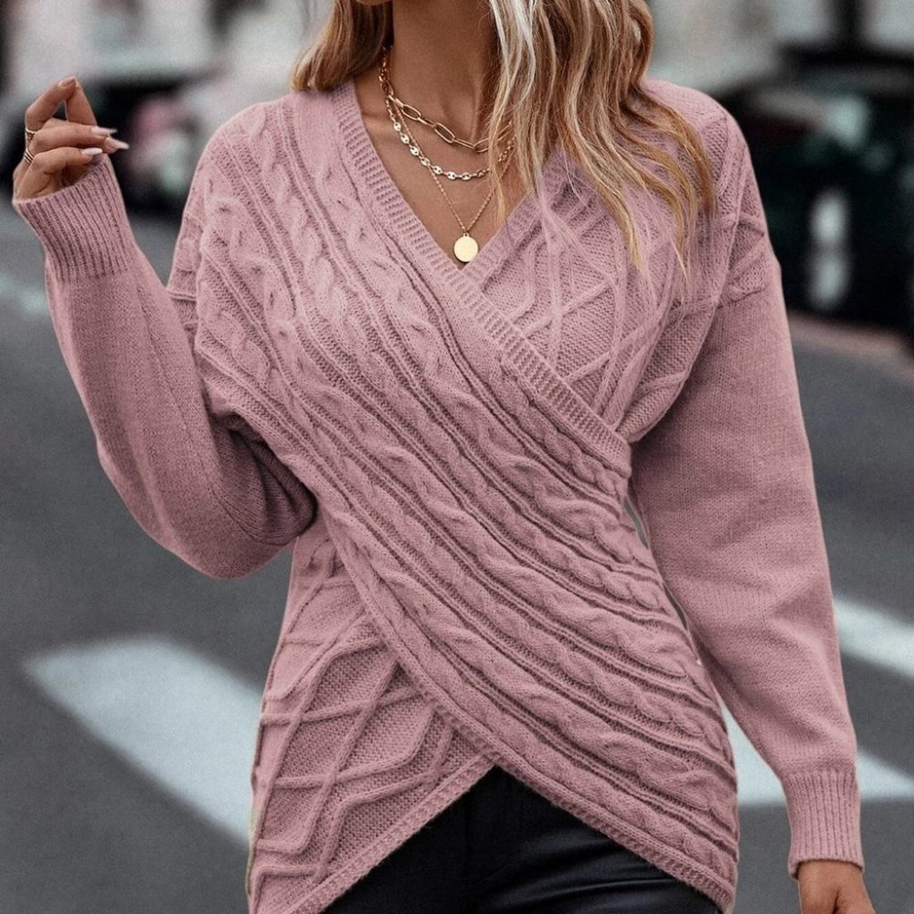 Pink Preppy Womens Wrap Cross Drop Shoulder Cable Knit Sweater - Picture 5 of 5